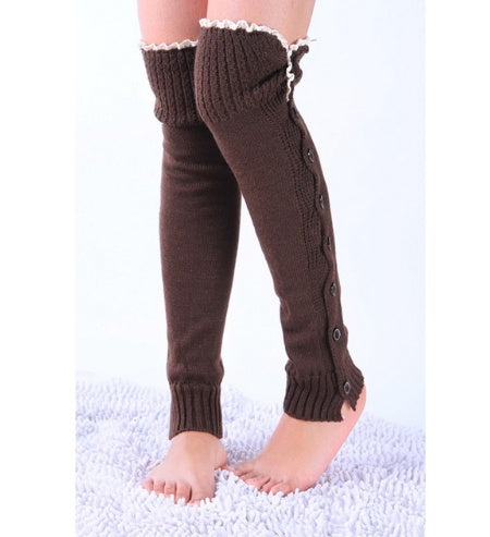 Coffee lace trim button leg warmers, worn standing, full length