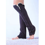 Dark gray lace trim button leg warmers, worn standing, button front