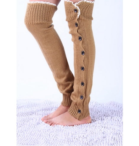 Khaki lace trim button leg warmers, worn standing, button front