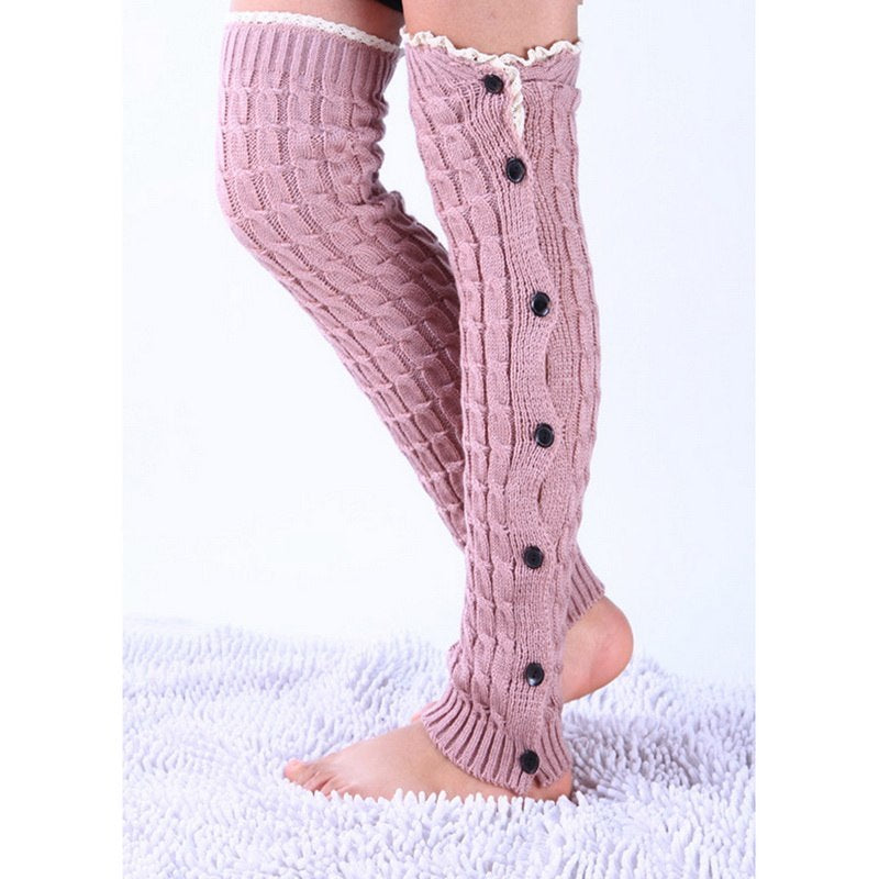 Pink lace trim button leg warmers, worn standing, button front