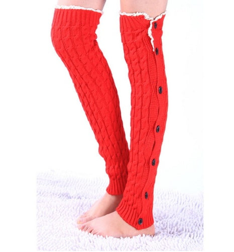 Red lace trim button leg warmers, worn standing, button front