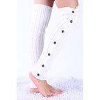 White lace trim button leg warmers, worn standing, side view
