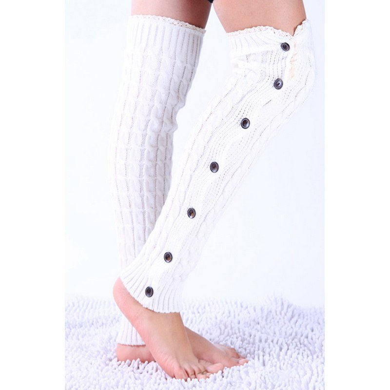 White lace trim button leg warmers, worn standing, side view