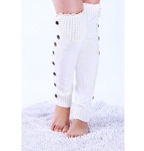 White lace trim button leg warmers, worn standing, button front