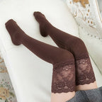 Coffee lace top thigh high socks, lace top worn while relaxing