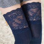 Navy blue lace top thigh high socks, close-up of the lace top