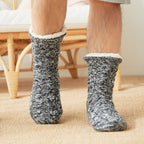 Heather black men's fleece-lined slipper socks, worn, fleece-lined cuff