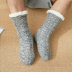 Light gray men's fleece-lined slipper socks, worn, fleece-lined cuff