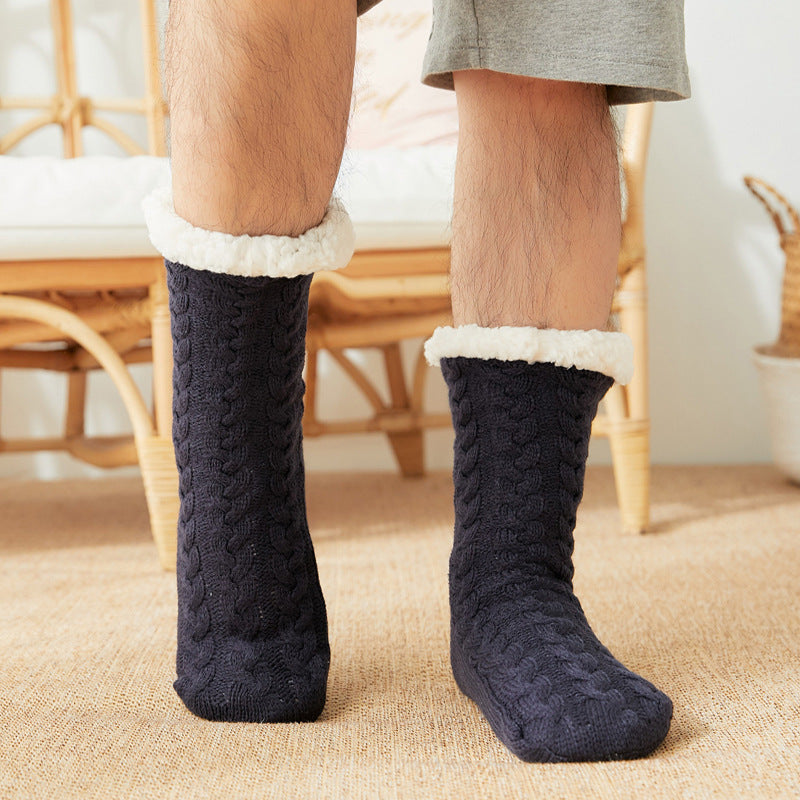Navy blue men's fleece-lined slipper socks, worn, fleece-lined cuff