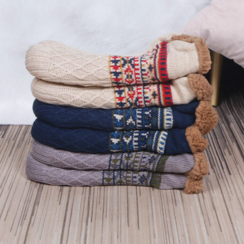 Men's knit slipper socks with sole in all colours, stacked pairs showing the Fair Isle band