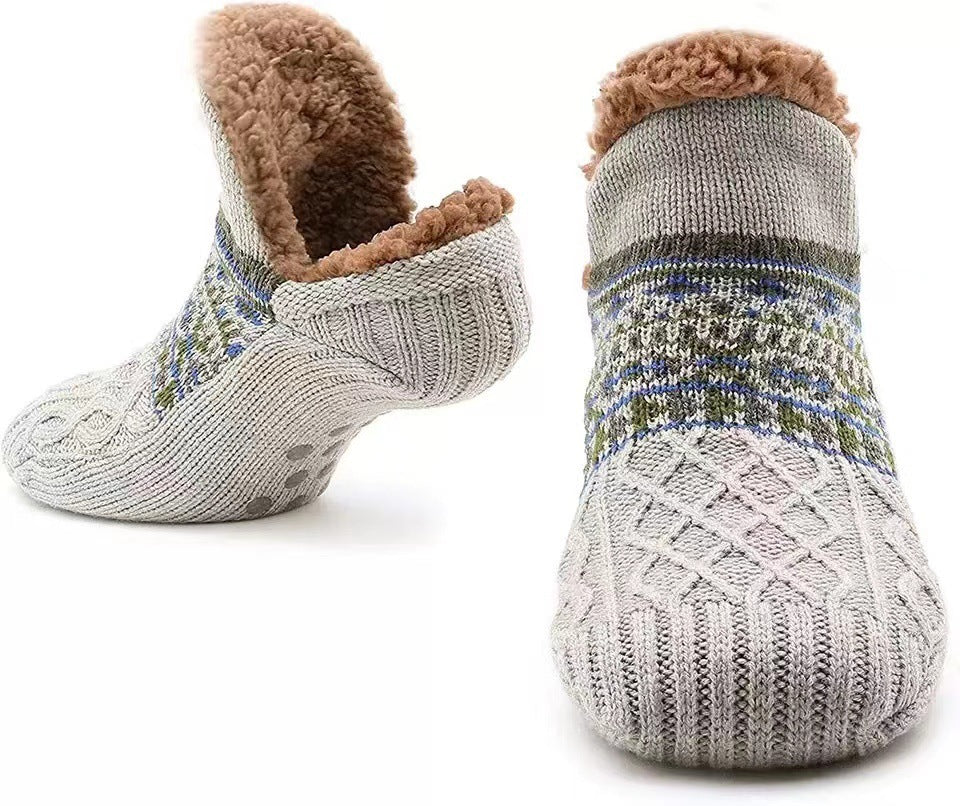 Gray men's knit slipper socks with sole, side and front view