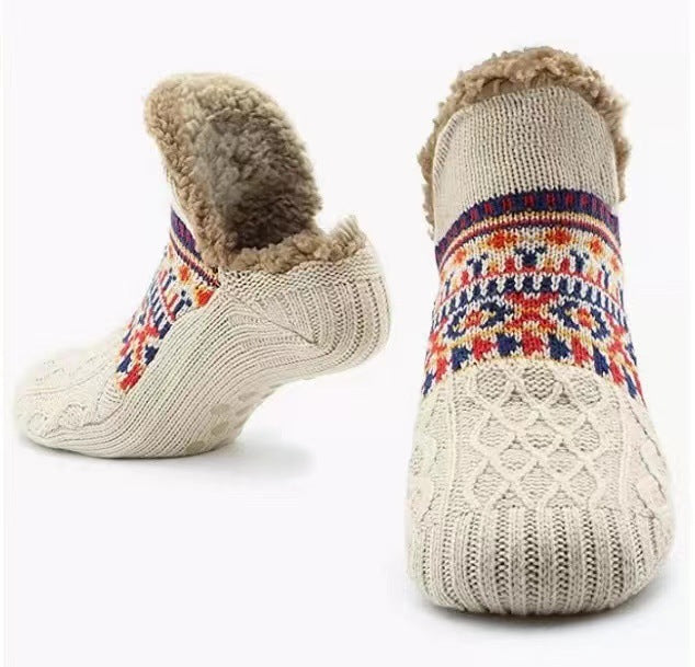 Off white men's knit slipper socks with sole, plush lining and Fair Isle band
