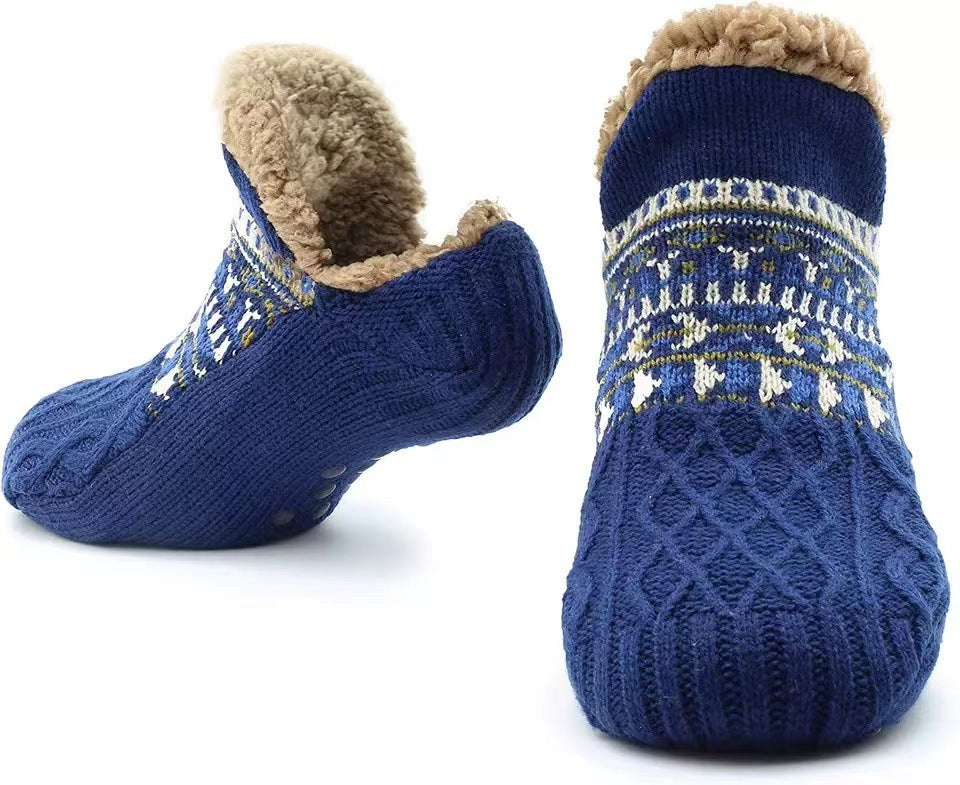 Royal blue men's knit slipper socks with sole, plush lining and Fair Isle band