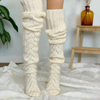 Cream mesh knit over the knee socks, slouched at the ankle