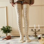 Cream mesh knit over the knee socks, worn standing, showing the open mesh knit