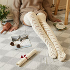 Cream mesh knit over the knee socks, worn sitting on a rug with coffee