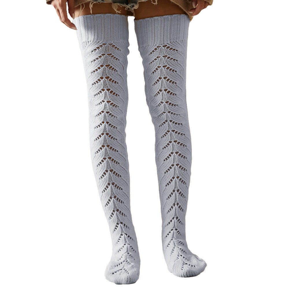 Gray mesh knit over the knee socks, back view on a white background