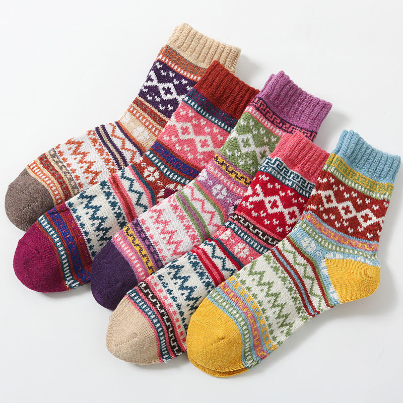 Nordic pattern wool blend socks in the cross design, 5-pair pack laid out
