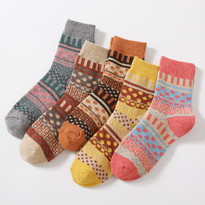 Nordic pattern wool blend socks in the dots design, 5-pair pack laid out