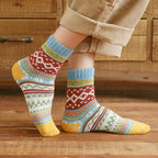 Nordic pattern wool blend socks, worn with rolled-up trousers