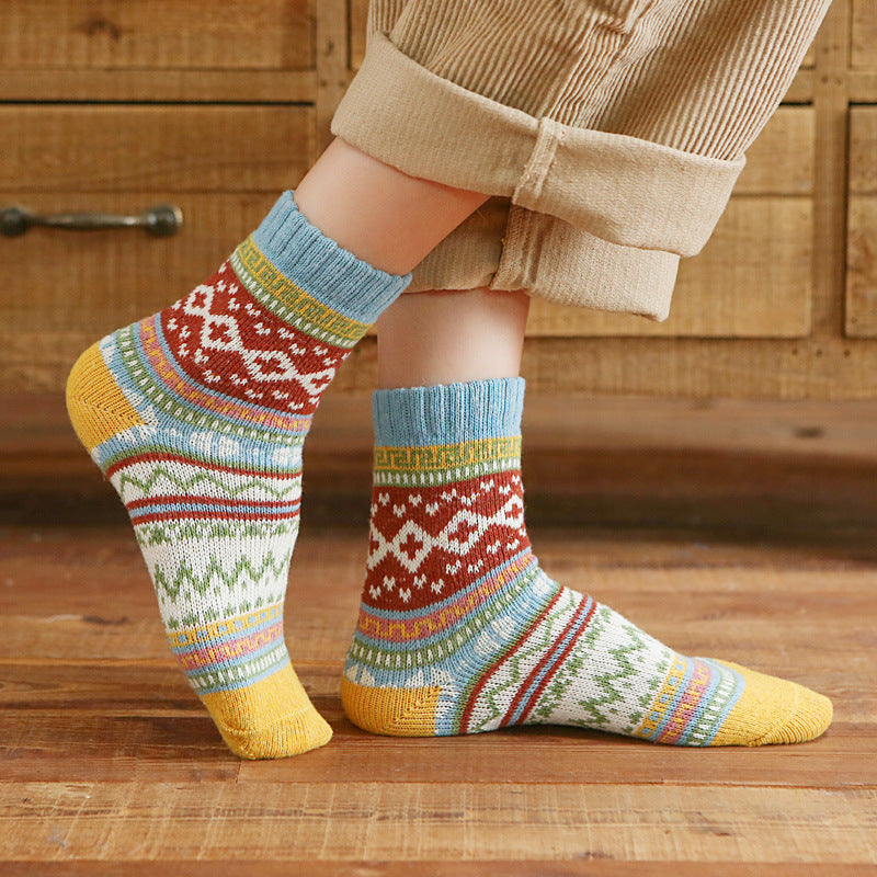Nordic pattern wool blend socks, worn with rolled-up trousers