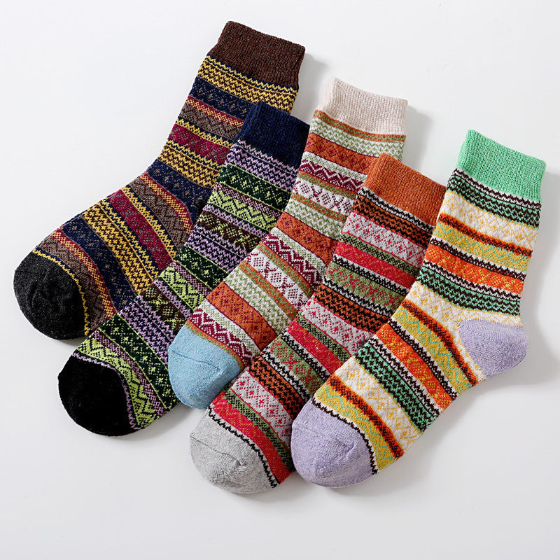 Nordic pattern wool blend socks in the stripe design, 5-pair pack laid out