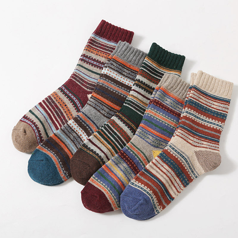 Nordic pattern wool blend socks in the stripe design, 5-pair pack laid out