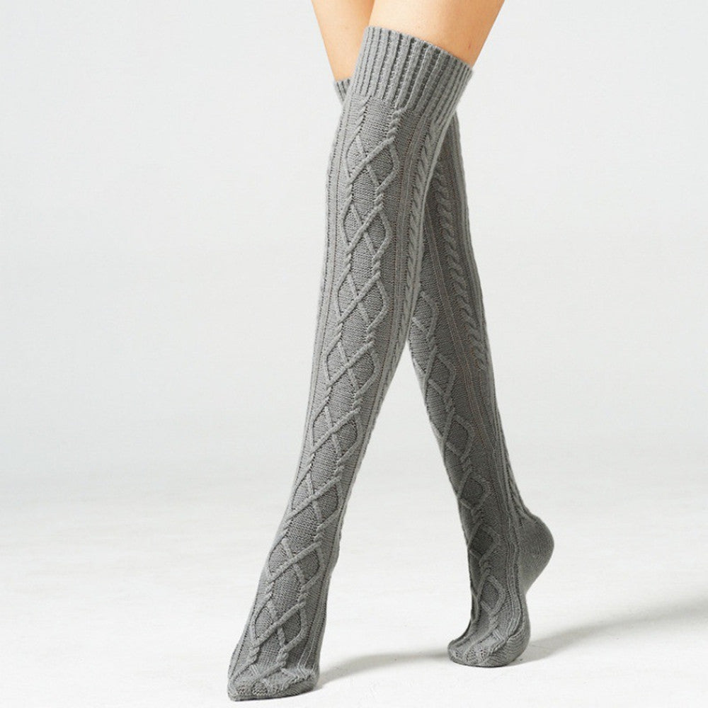 Light gray over the knee leg warmers, side view of the knit pattern