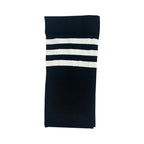 Black plus size over the knee socks with white stripes, flat lay of the striped top