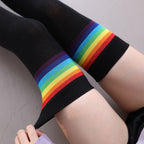 Black rainbow stripe thigh high socks, close-up of the rainbow stripe band