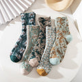 Green retro floral crew socks, 5-pair pack laid out