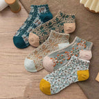 Green retro floral crew socks, 5-pair pack of ankle-length pairs