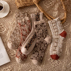 Khaki retro floral crew socks, 5-pair pack laid out
