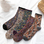 Purple retro floral crew socks, 5-pair pack laid out