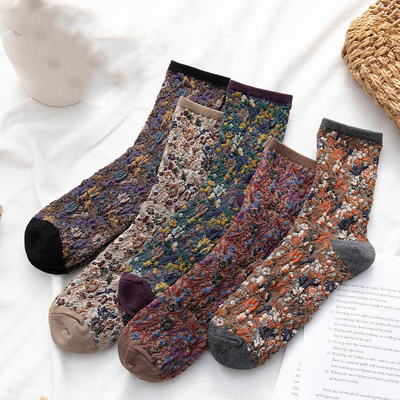 Purple retro floral crew socks, 5-pair pack laid out