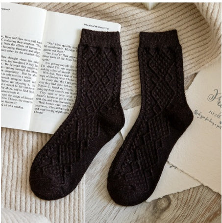 Coffee ribbed wool blend crew socks, pair laid on an open book