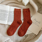 Diamond red ribbed wool blend crew socks, close-up of the ribbed knit