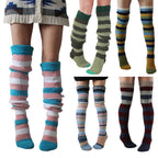 Striped thigh high socks in all colours, collage of every stripe colour