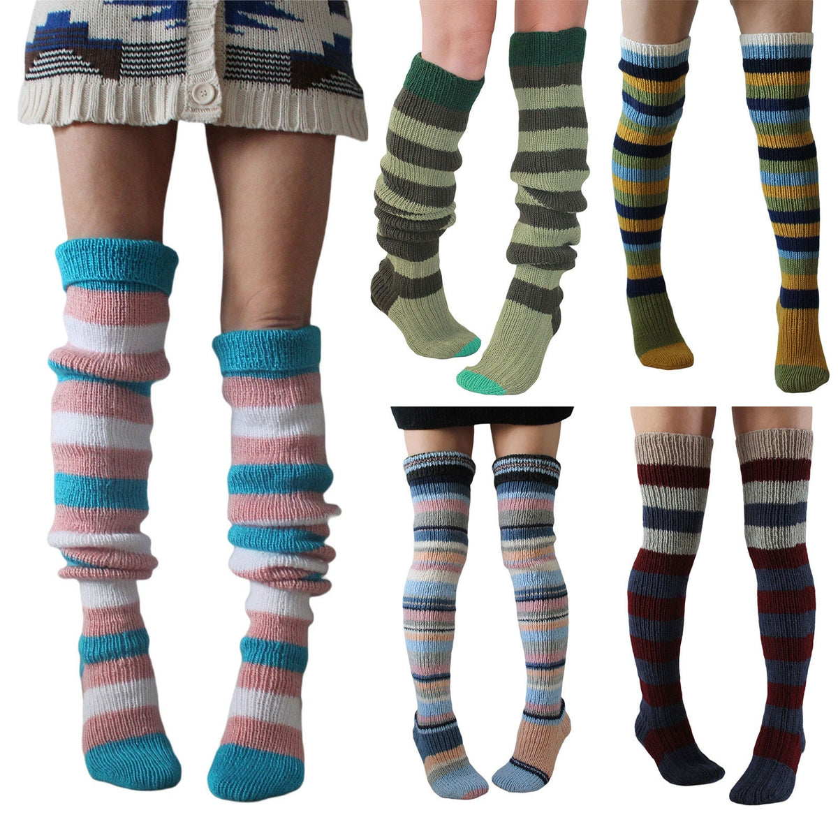 Striped thigh high socks in all colours, collage of every stripe colour