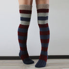 Navy and burgundy striped thigh high socks, front view of the knitted stripes