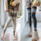 Light gray and dark gray wool blend thigh high socks, worn with a plaid skirt and boots